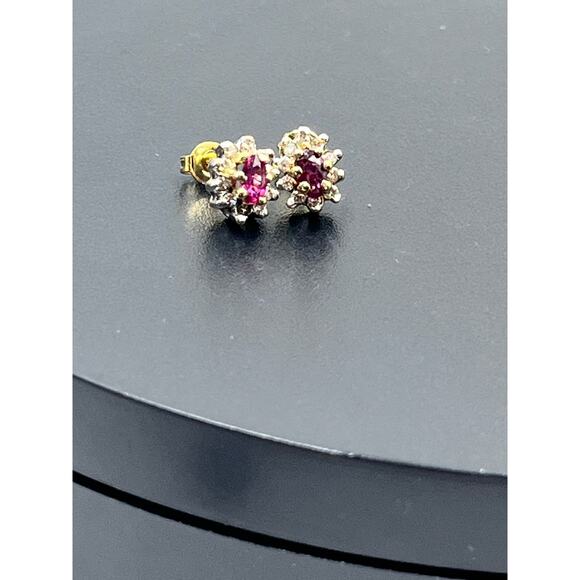 Vintage 14k Two Tone Gold Genuine
Ruby & Diamond Halo Stud Small Earrings - Picture 14 of 16